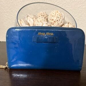 Miu Miu Blue Patent Leather Zip Around Wallet